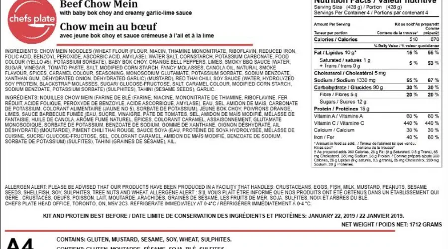 Hello Fresh Canada Inc Recalls Meal Kits