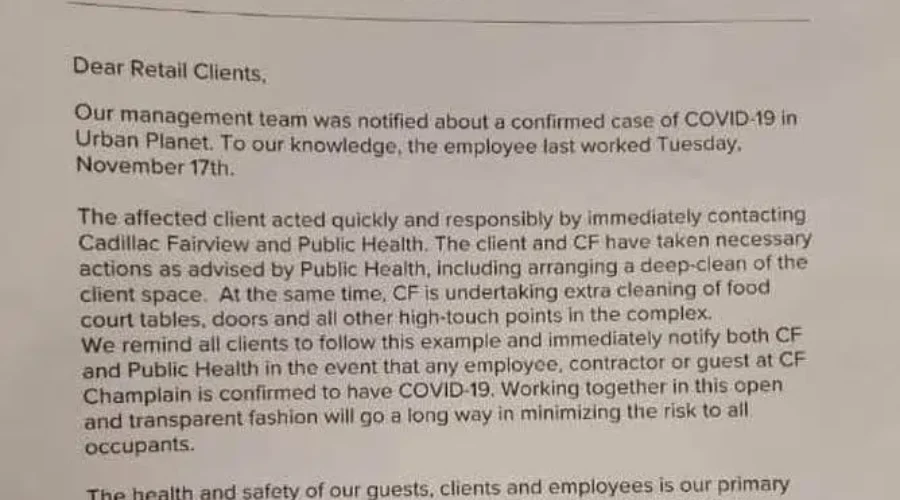 Another Employee At CF Champlain Reportedly Tests Positive For COVID-19